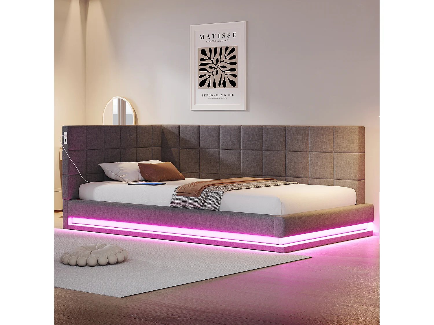 Łóżko dziecięce 90 x 200 cm - Łóżko pojedyncze z oświetleniem LED i ładowaniem USB - szary aksamit 4335751 - obrazek 1