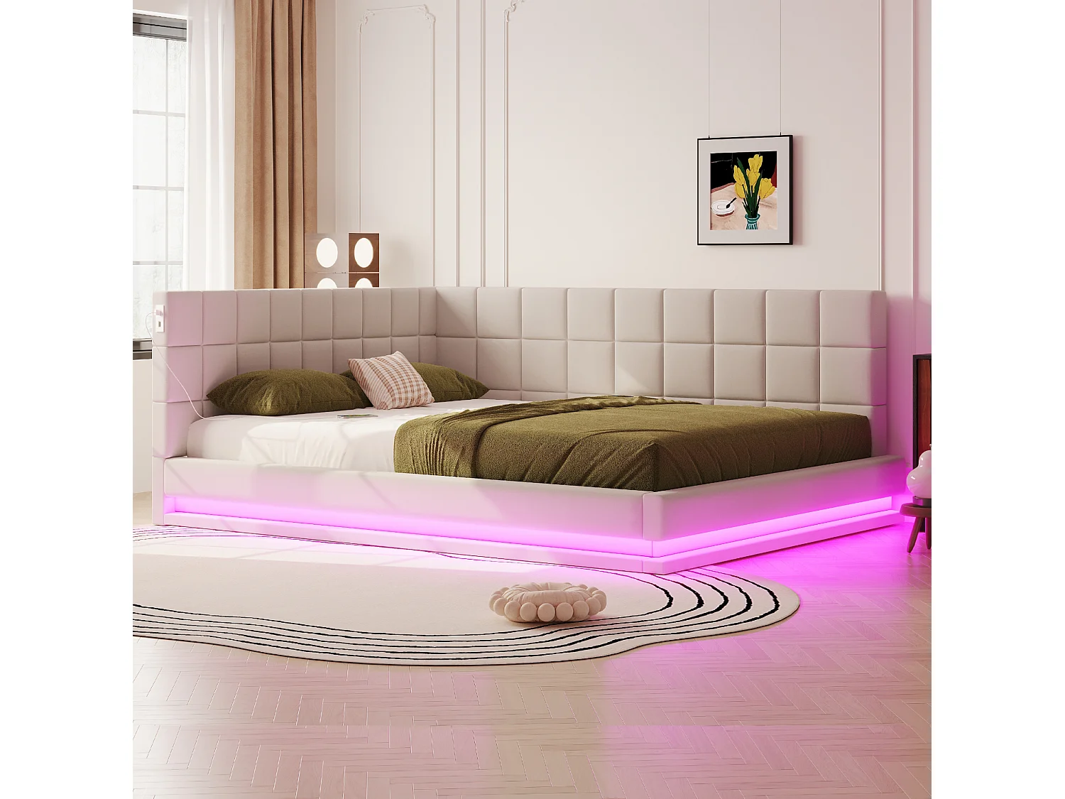 Łóżko dla dorosłych 160 x 200 cm - Łóżko podwójne z oświetleniem LED i ładowaniem USB - beżowy aksamit 4335746 - obrazek 1