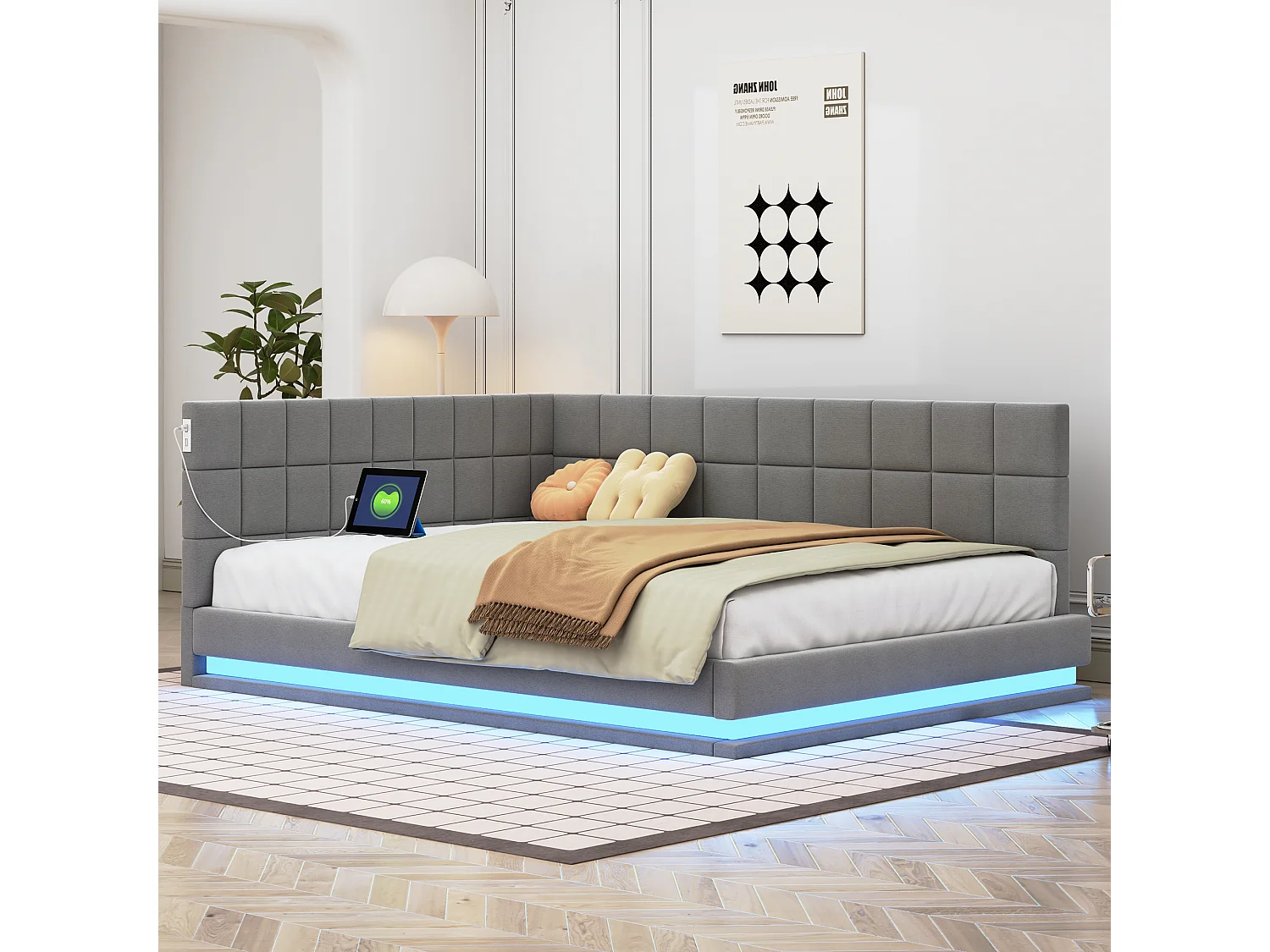Łóżko dla dorosłych 140 x 200 cm - Łóżko podwójne z oświetleniem LED i ładowaniem USB - szary aksamit 4335753 - obrazek 1