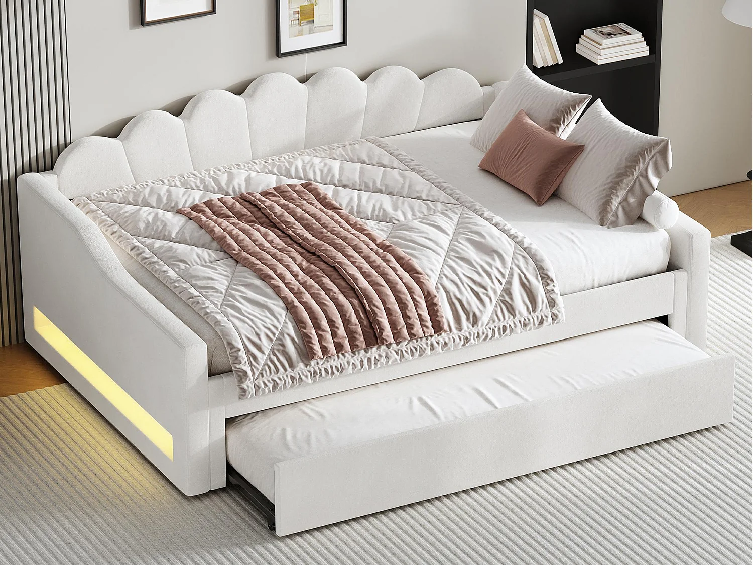 Łóżko piętrowe 140×200 cm - z taśmą LED - z łóżkiem listwowym - MDF+len - beżowa 4341758 - obrazek 1
