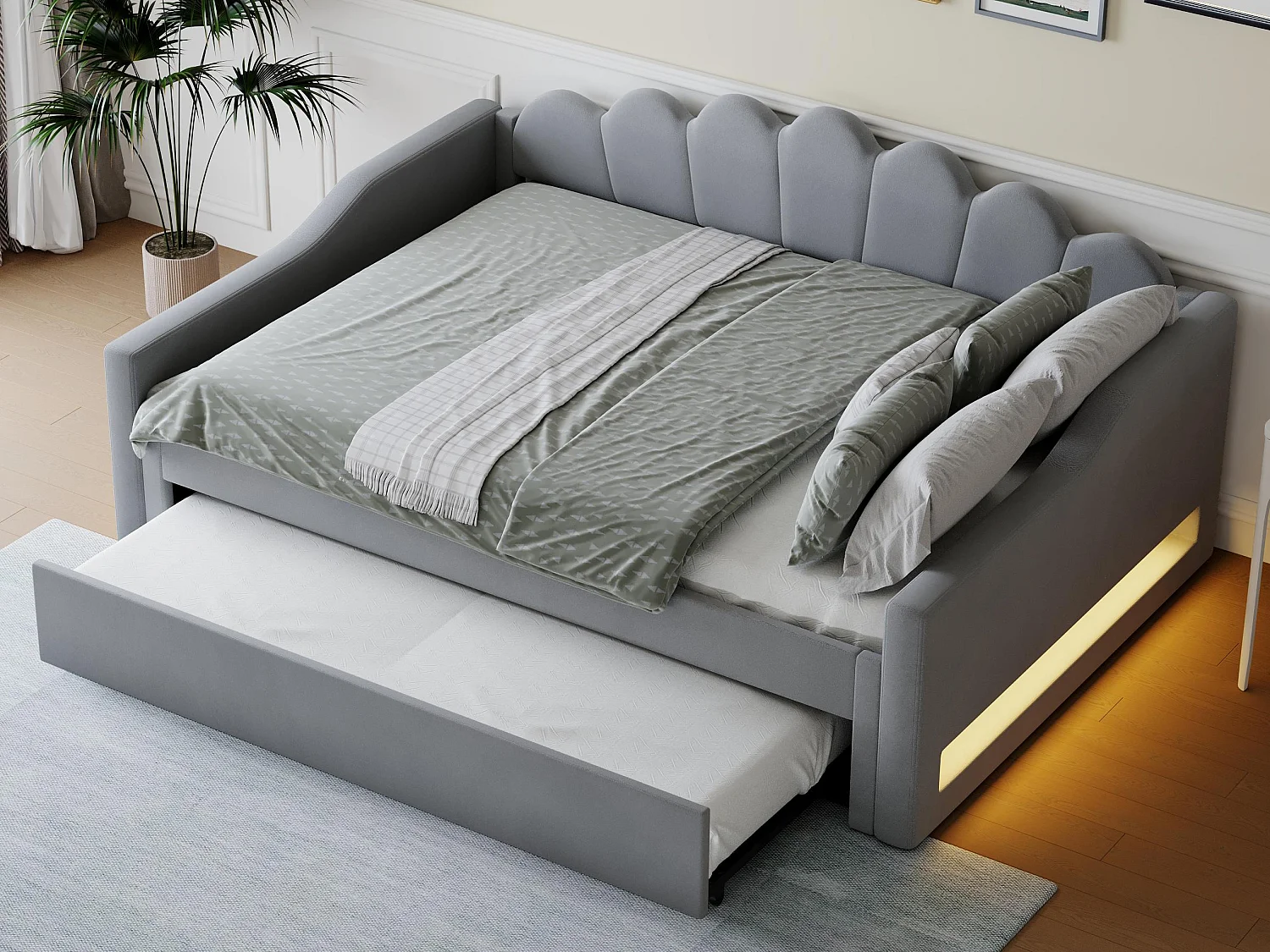 Łóżko piętrowe 140×200 cm - z taśmą LED - z łóżkiem listwowym - MDF+len - szare 4341760 - obrazek 1
