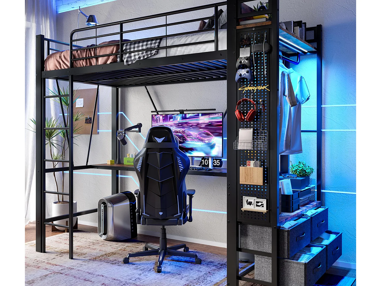Łóżko piętrowe 90×200 cm - z biurkiem + suszarką na ubrania - 4 szuflady - porty USB + TYPE-C - taśma LED - czarne 4343732 - obrazek 1