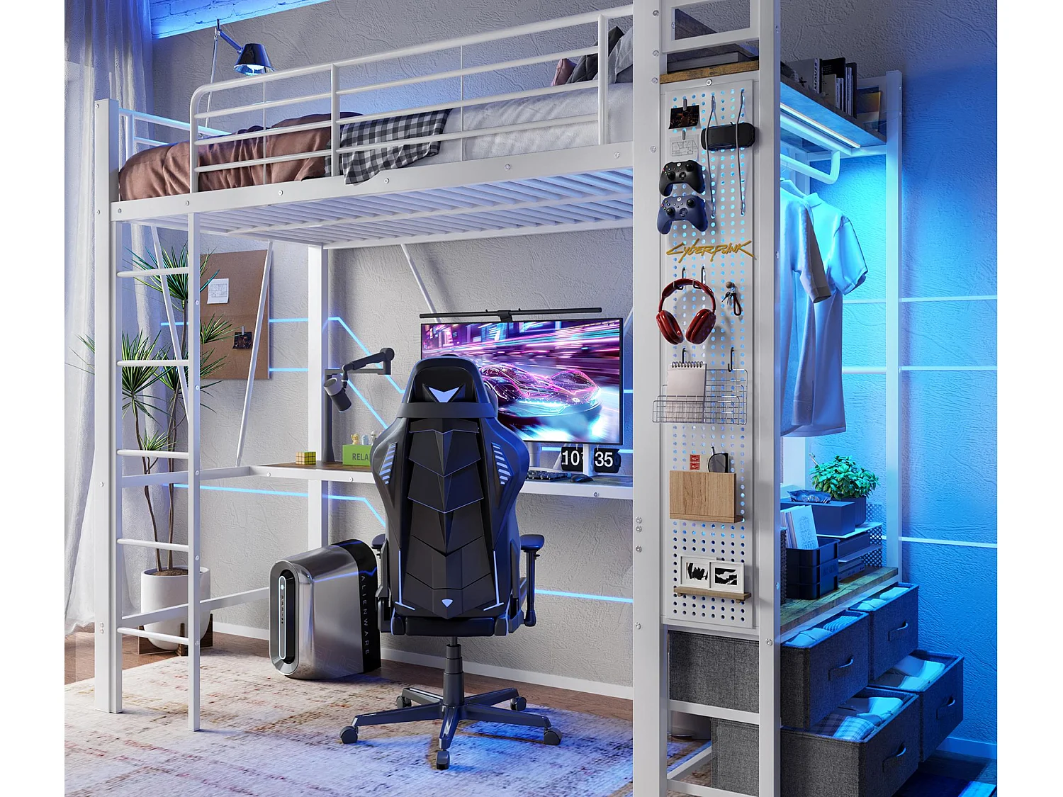 Łóżko piętrowe 90×200 cm - z biurkiem + suszarką na ubrania - 4 szuflady - porty USB + TYPE-C - taśma LED - białe 4343734 - obrazek 1