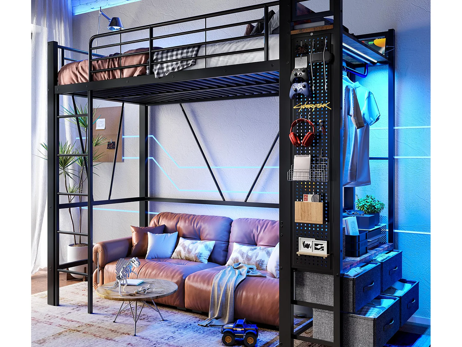 Łóżko piętrowe 90×200 cm - z suszarką - 4 szuflady - z portem USB+TYPE-C - oświetlenie LED - czarne 4343735 - obrazek 1