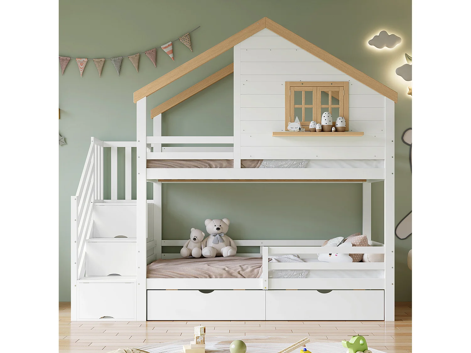 Łóżko piętrowe dla dzieci - 2 x 90 x 200 cm - ze schodkami do przechowywania + okno + 2 szuflady - drewno + płyta MDF - białe 4344597 - obrazek 1