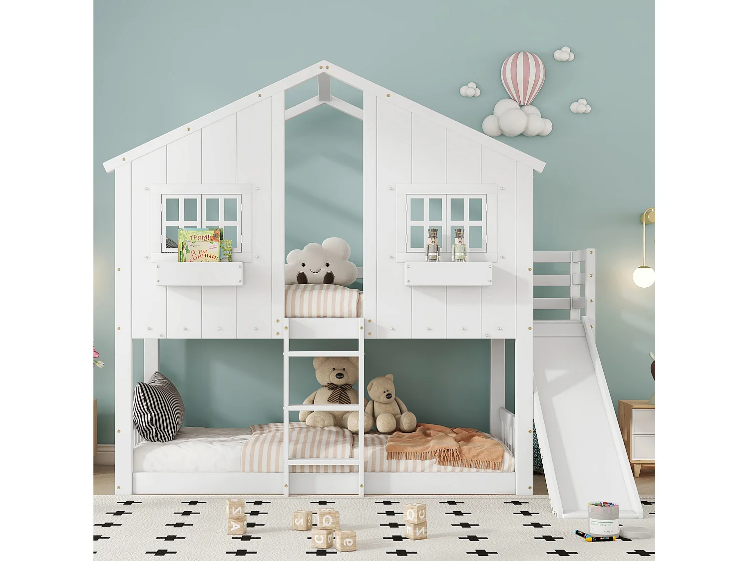 Łóżko piętrowe dla dzieci - 2 x 90 x 200 cm - ze zjeżdżalnią + dach i okno + z drabinką - sosna + MDF - białe 4344606 - obrazek 1