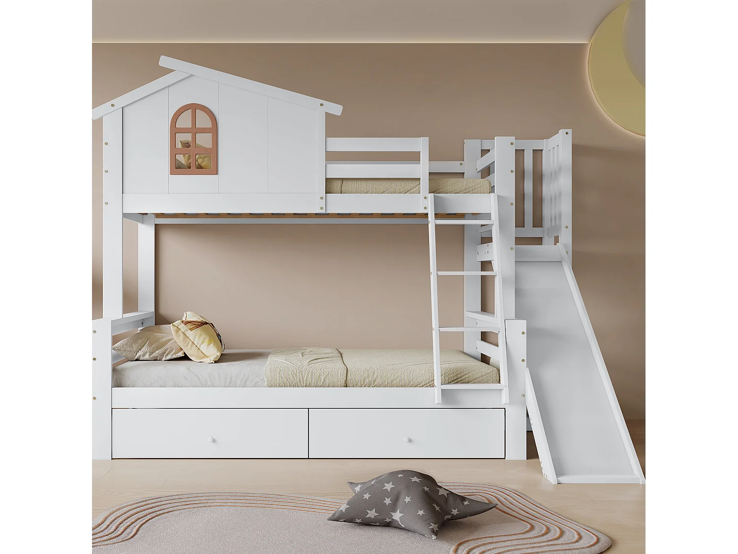 Łóżko piętrowe dla dzieci - 90 x 200 cm + 120 x 200 cm - z oknami + schodami + zjeżdżalnią + 2 szufladami - drewno + MDF - białe 4344603 - obrazek 1