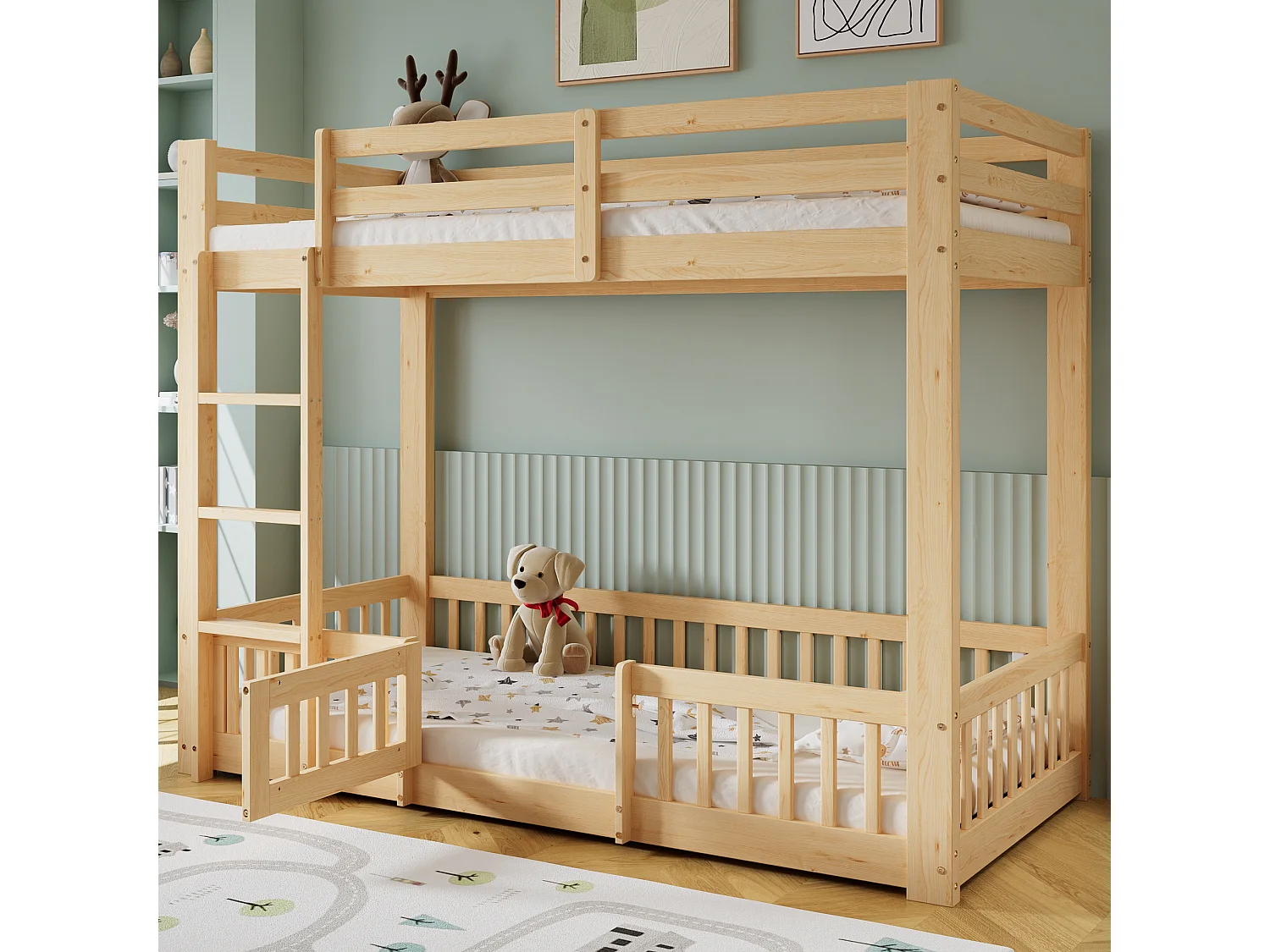 Łóżko piętrowe dla dzieci - 2 x 90 x 200 cm - ze schodami pod kątem prostym + barierka + drzwi naturalne - drewno - naturalne 4344601 - obrazek 1