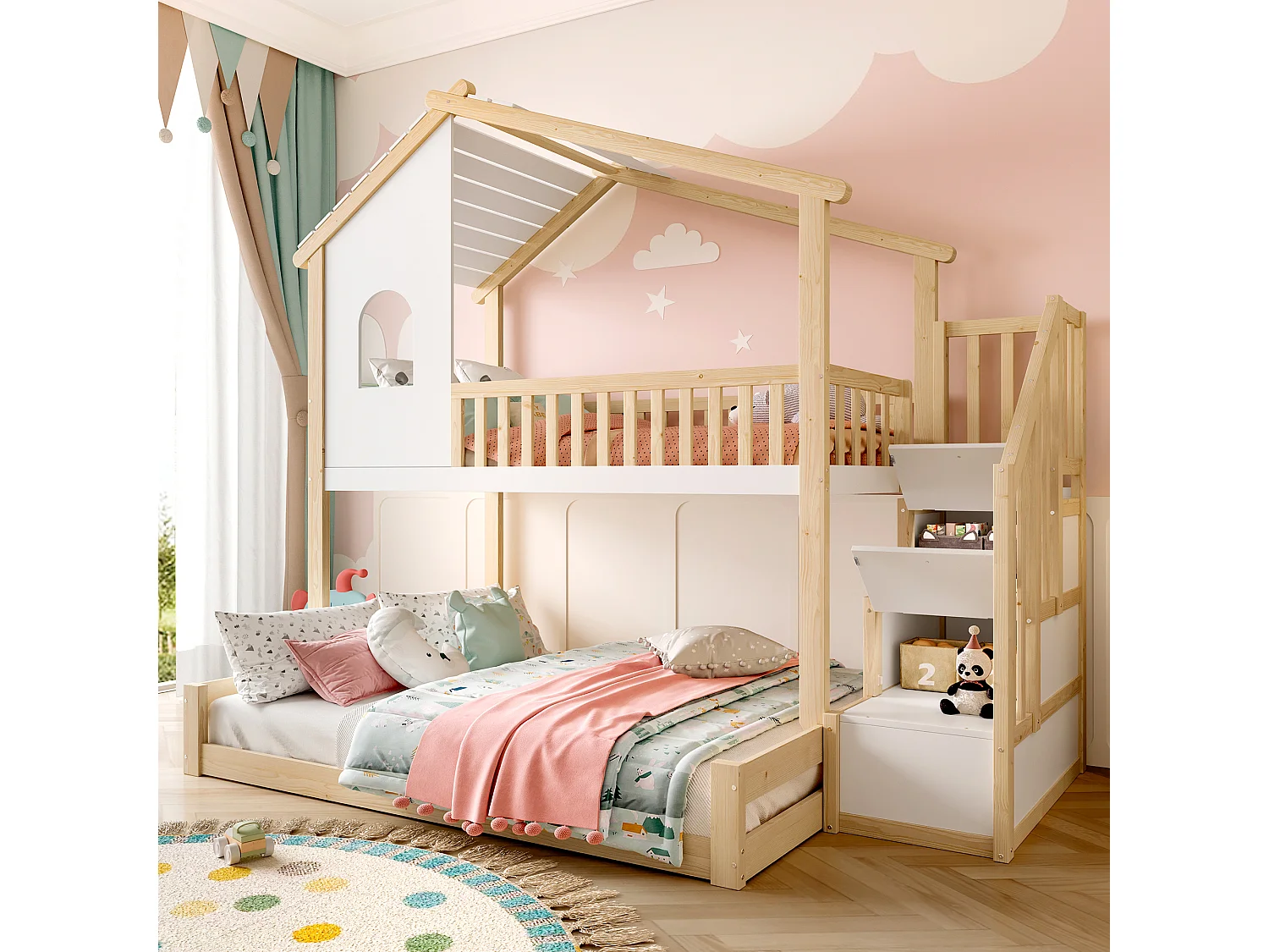Łóżko piętrowe dla dzieci – 90 x 200 cm + 140 x 200 cm – z drabinką + okno – sosna – naturalny + biały 4344607