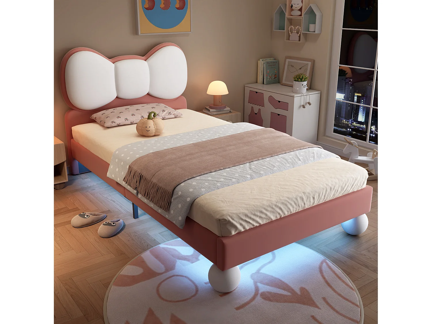 Łóżko dziecięce tapicerowane - 90 x 200 cm - z zagłówkiem w kształcie kokardy + diody LED - PU - różowe 4344610 - obrazek 1