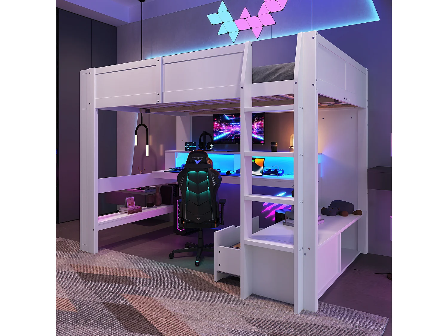 Łóżko piętrowe dla dzieci - 140 x 200 cm - z biurkiem + oświetlenie LED + 1 szuflada + półki - sosna - białe 4344684 - obrazek 1