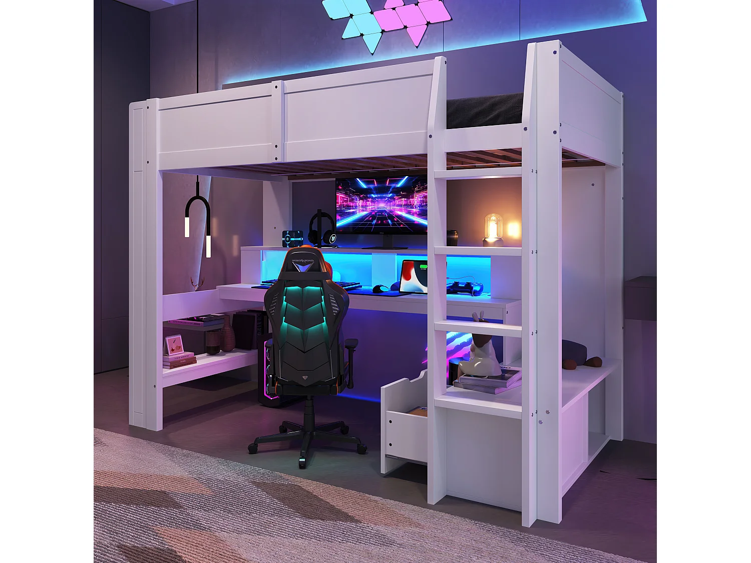 Łóżko piętrowe dla dzieci - 90 x 200 cm - z biurkiem + oświetlenie LED + 1 szuflada + półki - sosna - białe 4344691 - obrazek 1