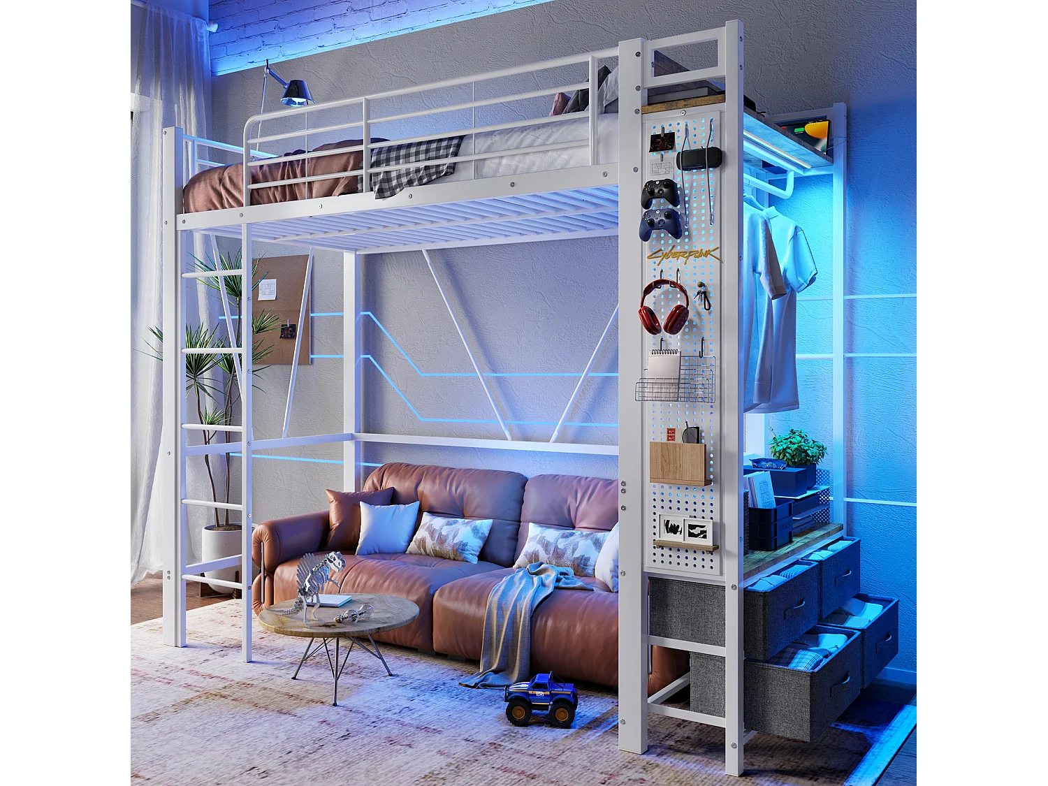 Łóżko piętrowe dla dzieci - 90 x 200 cm - konstrukcja żelazna - z półkami + 4 szuflady + diody LED - metalowe - białe 4351302 - obrazek 1