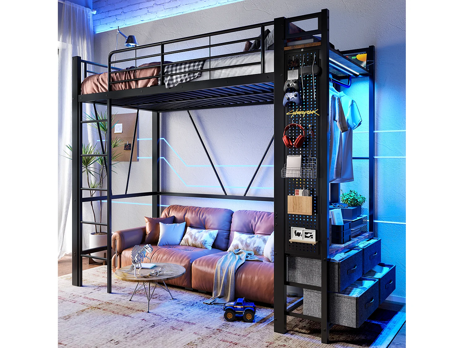 Łóżko piętrowe dla dzieci - 90 x 200 cm - konstrukcja żelazna - z półkami + 4 szuflady + diody LED - metalowe - czarne 4351314 - obrazek 1