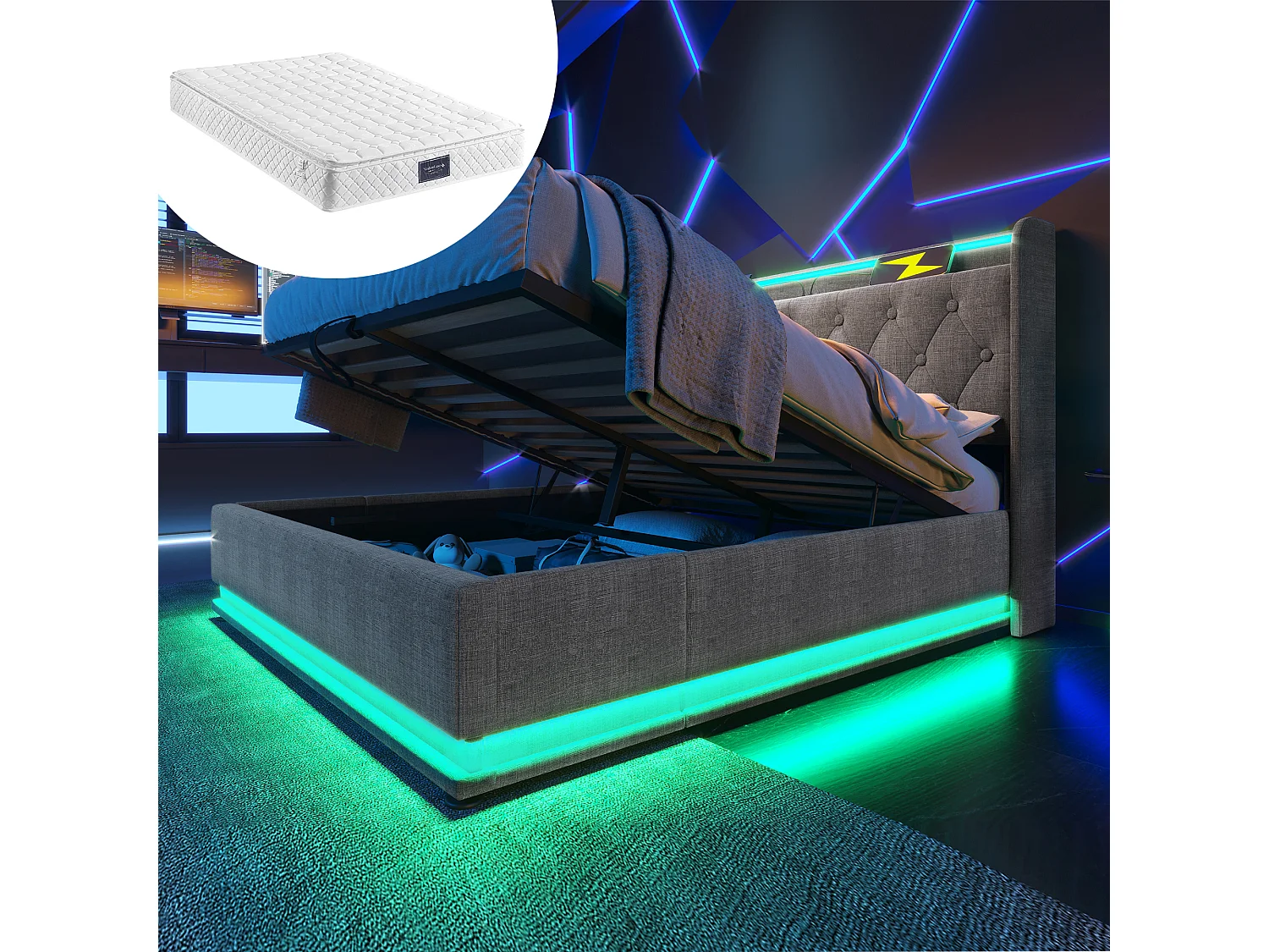 Łóżko dziecięce z pojemnikiem na pościel - 140 x 200 cm - z oświetleniem LED 360° - zagłówek z USB - z materacem - len - szary 4351354 - obrazek 1