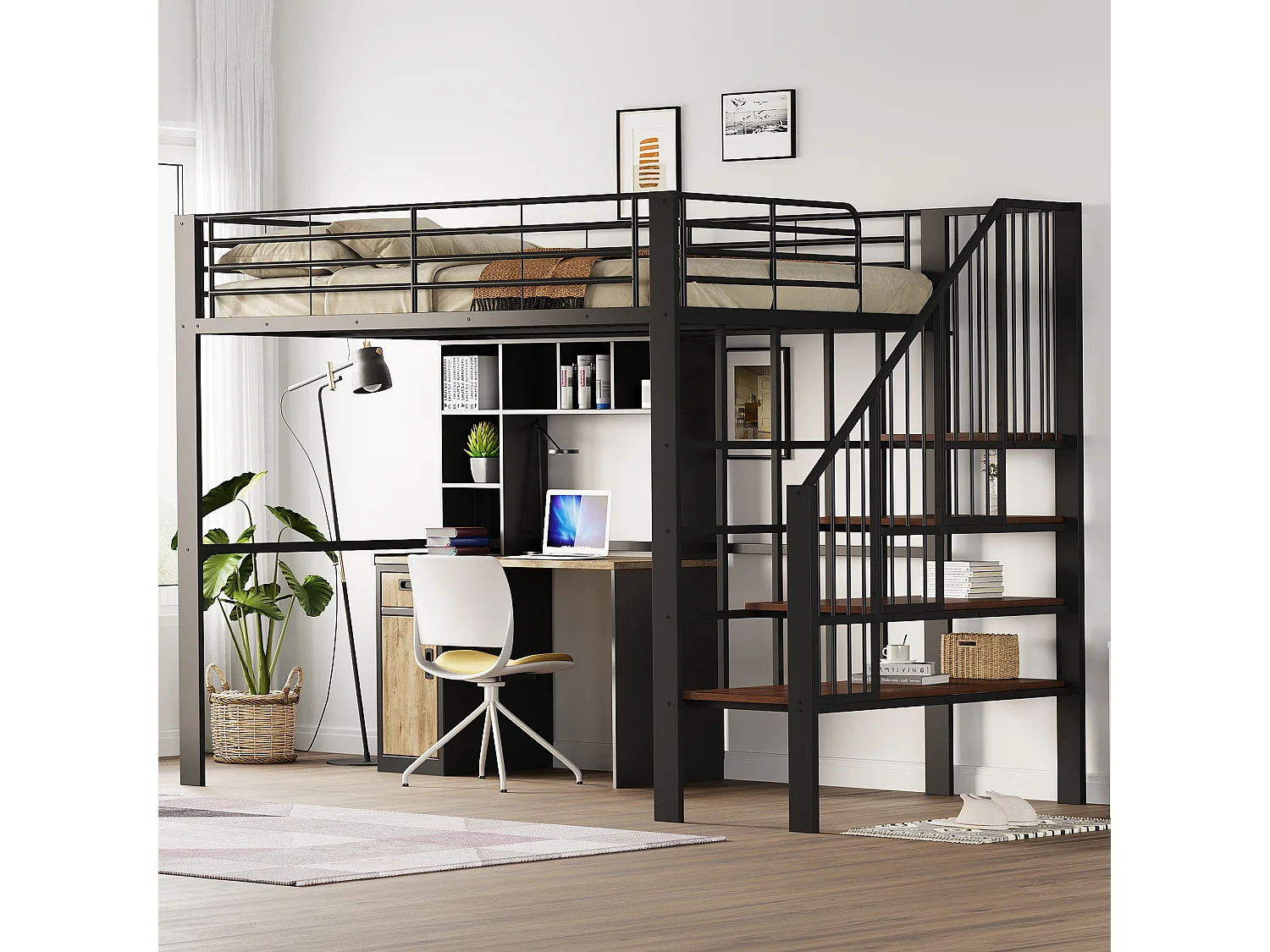 Łóżko piętrowe 140 x 200 cm z dużymi schodami – metal + sklejka + płyta MDF – stelaż z listew – czarne 3703236 - obrazek 1