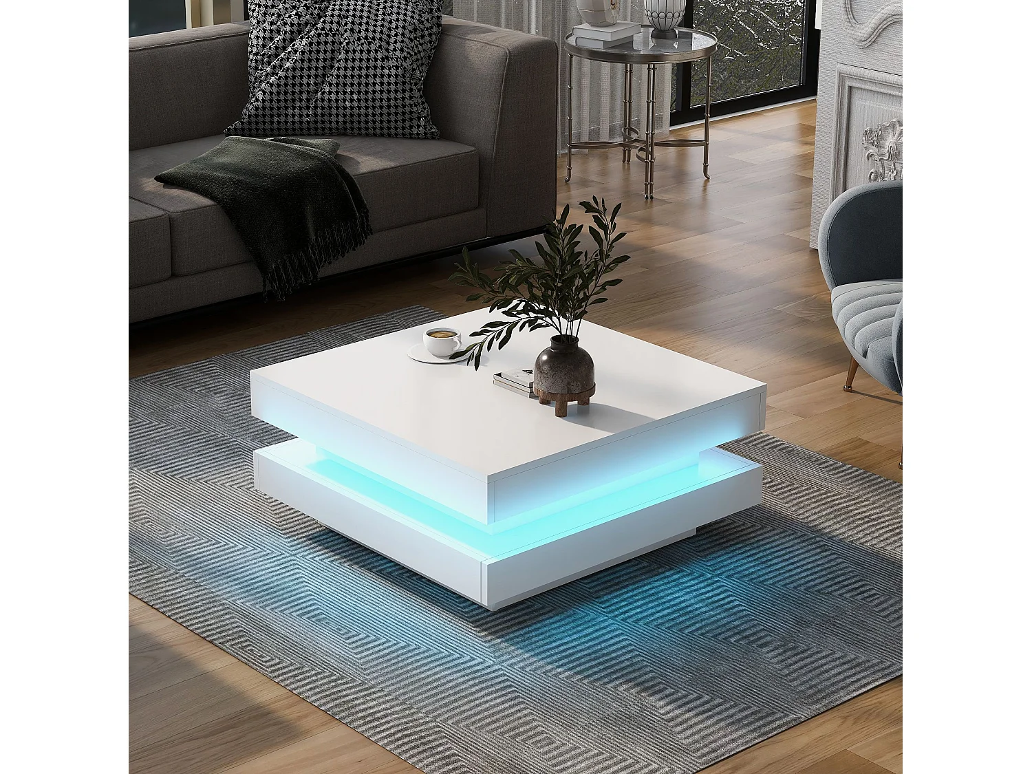Biały stolik kawowy, kwadratowy stolik kawowy z oświetleniem LED, nowoczesny design – do salonu i biura 4351880