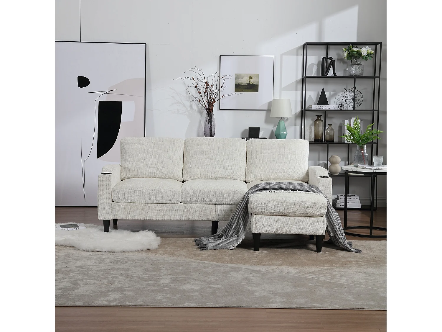 Beżowa, 4-osobowa sofa modułowa Chenille z pufem ze schowkiem, uchwytami na kubki i kieszeniami bocznymi – do salonu 4351893 - obrazek 1