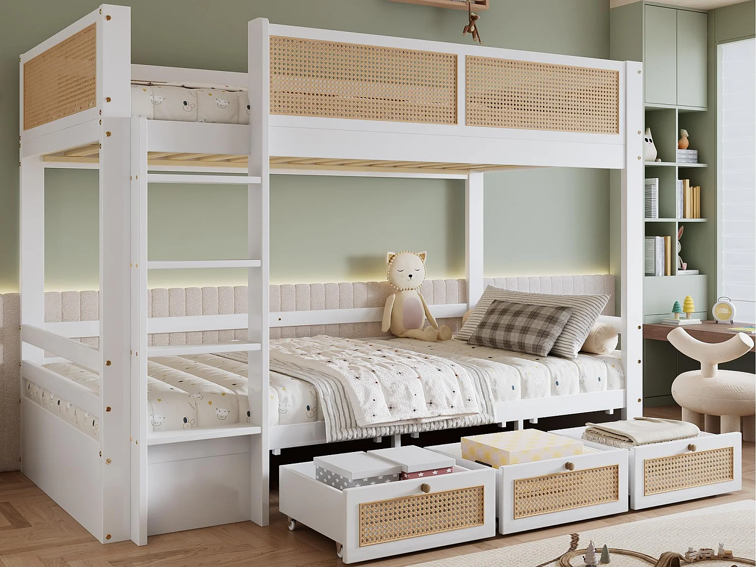 Łóżko piętrowe 90×200 cm – z 3 szufladami – z drabiną bezpieczeństwa – z barierką z rattanu – Drewno lite + MDF – białe + naturalny 4362338