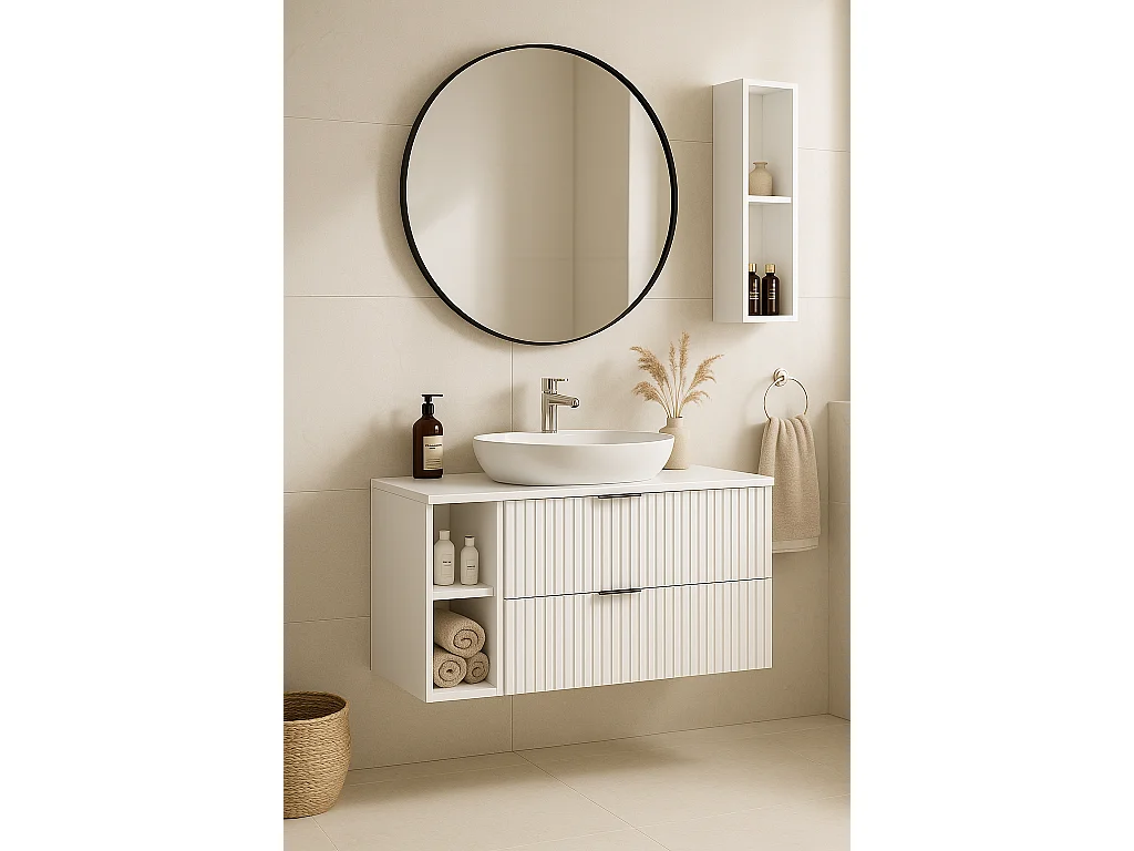 Biała szafka łazienkowa ryflowana FLOW 100 cm z regałem i blatem 4366006