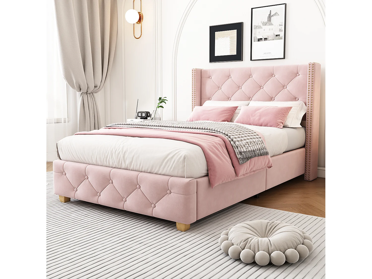 Łóżko dla dorosłych 90x200 cm, różowy len, łóżko pojedyncze z tapicerowanym zagłówkiem i stelażem z listew - bez materaca 4366872 - obrazek 1