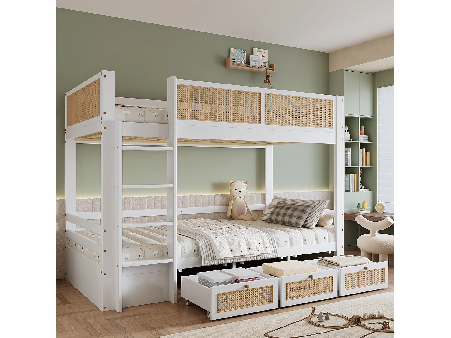 Łóżko piętrowe dla dzieci - 2 x 90 x 200 cm - z plecionym rattanem + 3 szuflady - sosna + płyta MDF - białe 4368637 - obrazek 1