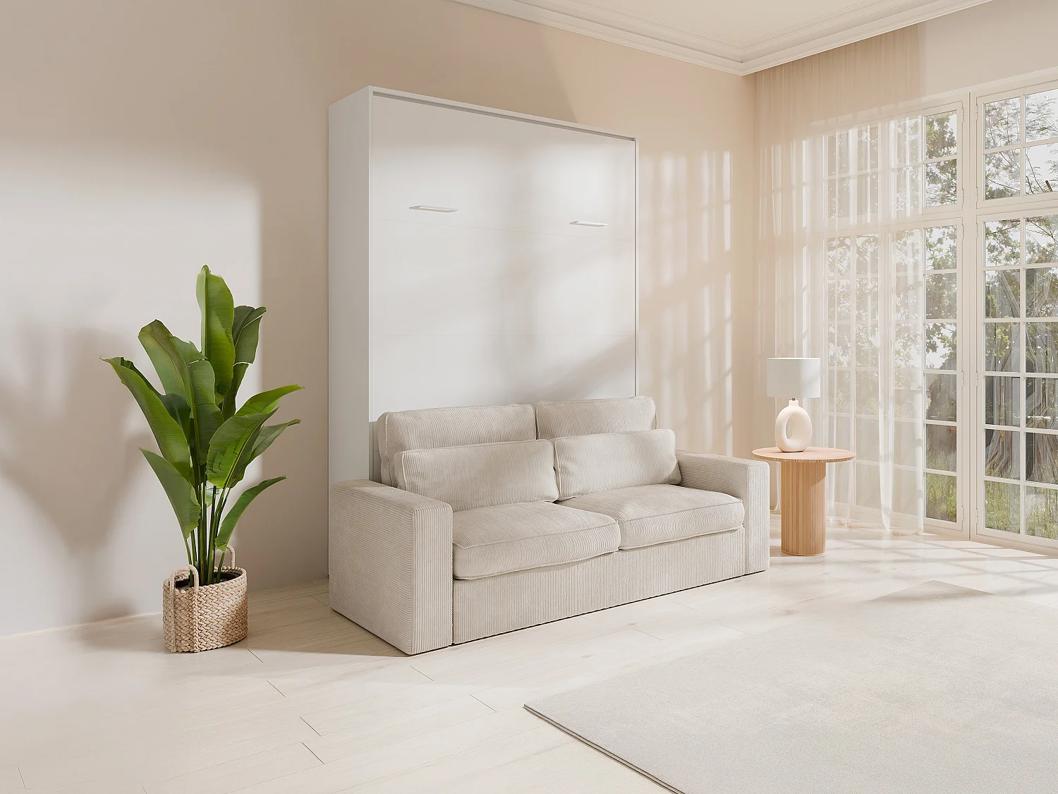 Łóżko chowane w szafie 140 x 200 cm – Ręczne otwieranie pionowe – Białe + Materac + kanapa – BEGANIO 4376677