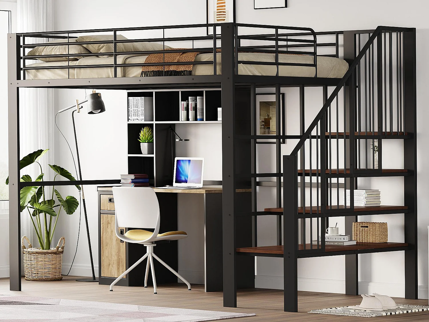 Łóżko mezzanine 140x200cm z metalu - z półkami i drabiną bezpieczeństwa - Czarny (materac nie jest w zestawie) 3689252 - obrazek 1
