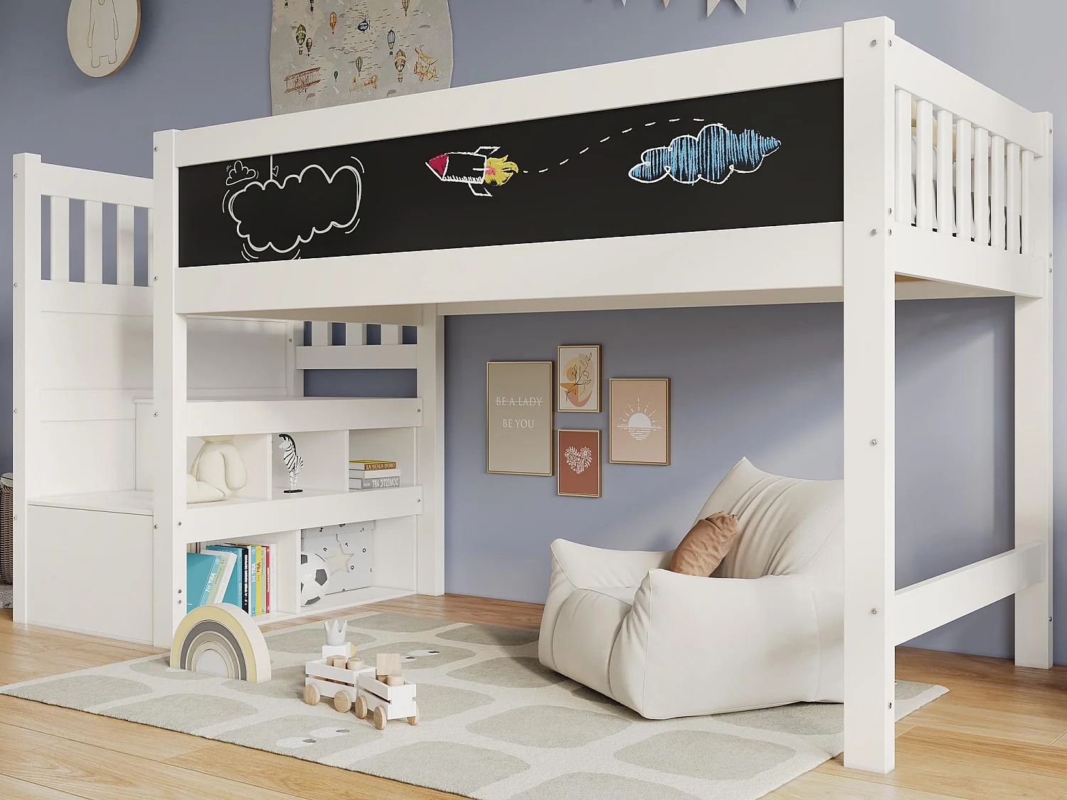 Łóżko mezzanine z litego drewna sosnowego - 90x200cm - z tablicą czarną - Białe 1745663 - obrazek 1