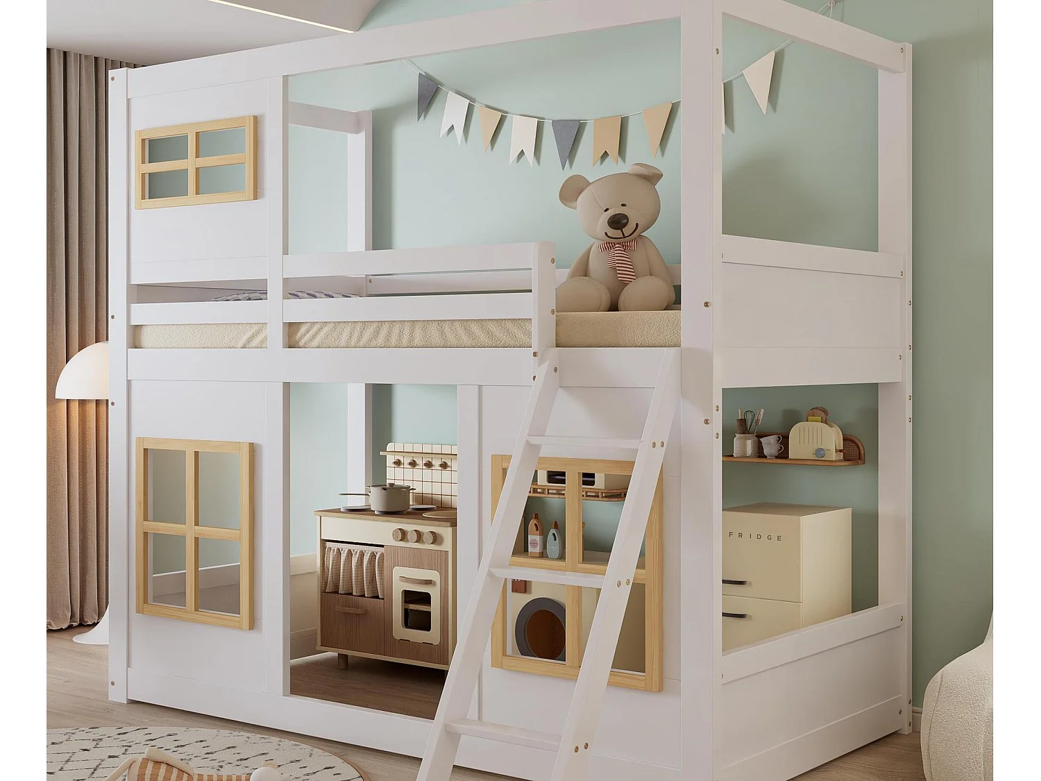 Łóżko piętrowe 90×200 cm – z oknami i barierkami – z drabiną 3-stopniową – Drewno lite + MDF – białe (bez materaca) 4385376