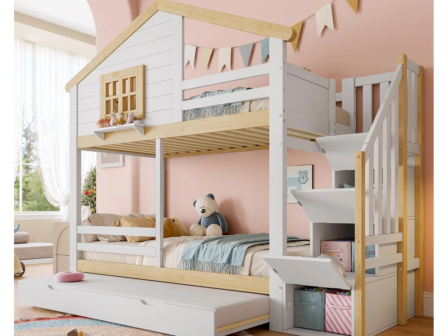 Łóżko piętrowe 90×200 cm – z barierkami – z łóżkiem schowkowym – schodami z miejscem do przechowywania – biały + naturalny (materac nie jest zawarty) 4385379