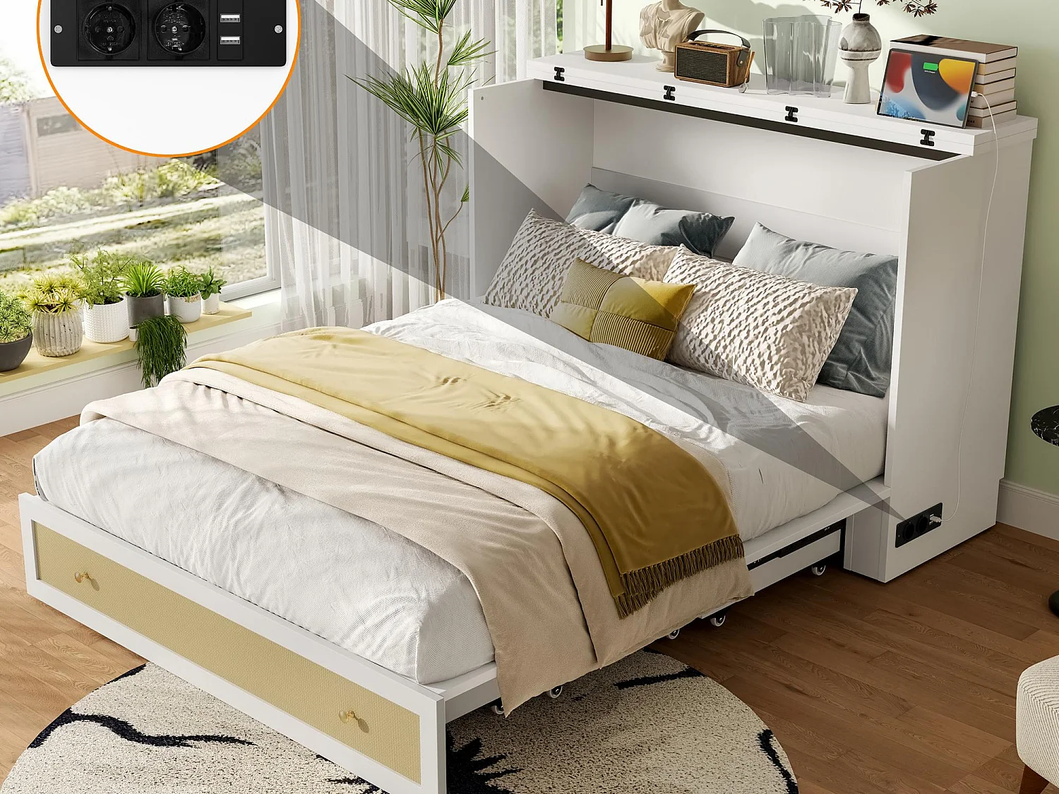 Łóżko Murphy’ego 140×200 cm – z portem USB i gniazdkiem – białe (materac nie jest zawarty) 4385384