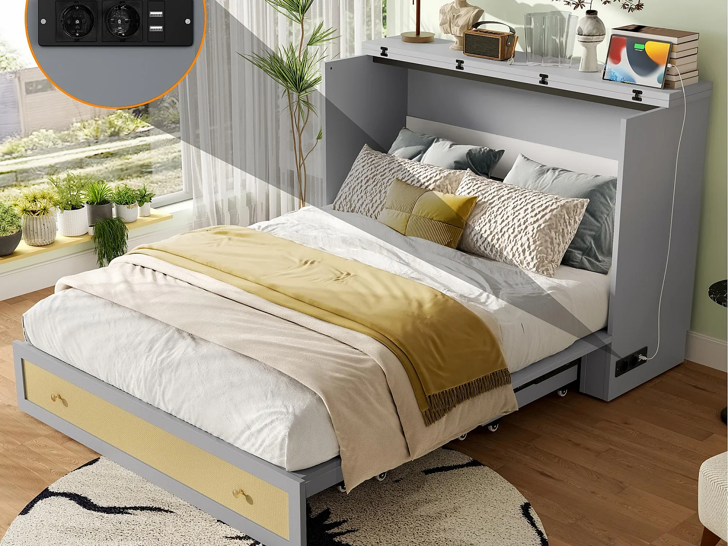 Łóżko Murphy’ego 140×200 cm – z portem USB i gniazdkiem – szare (materac nie jest zawarty) 4385387