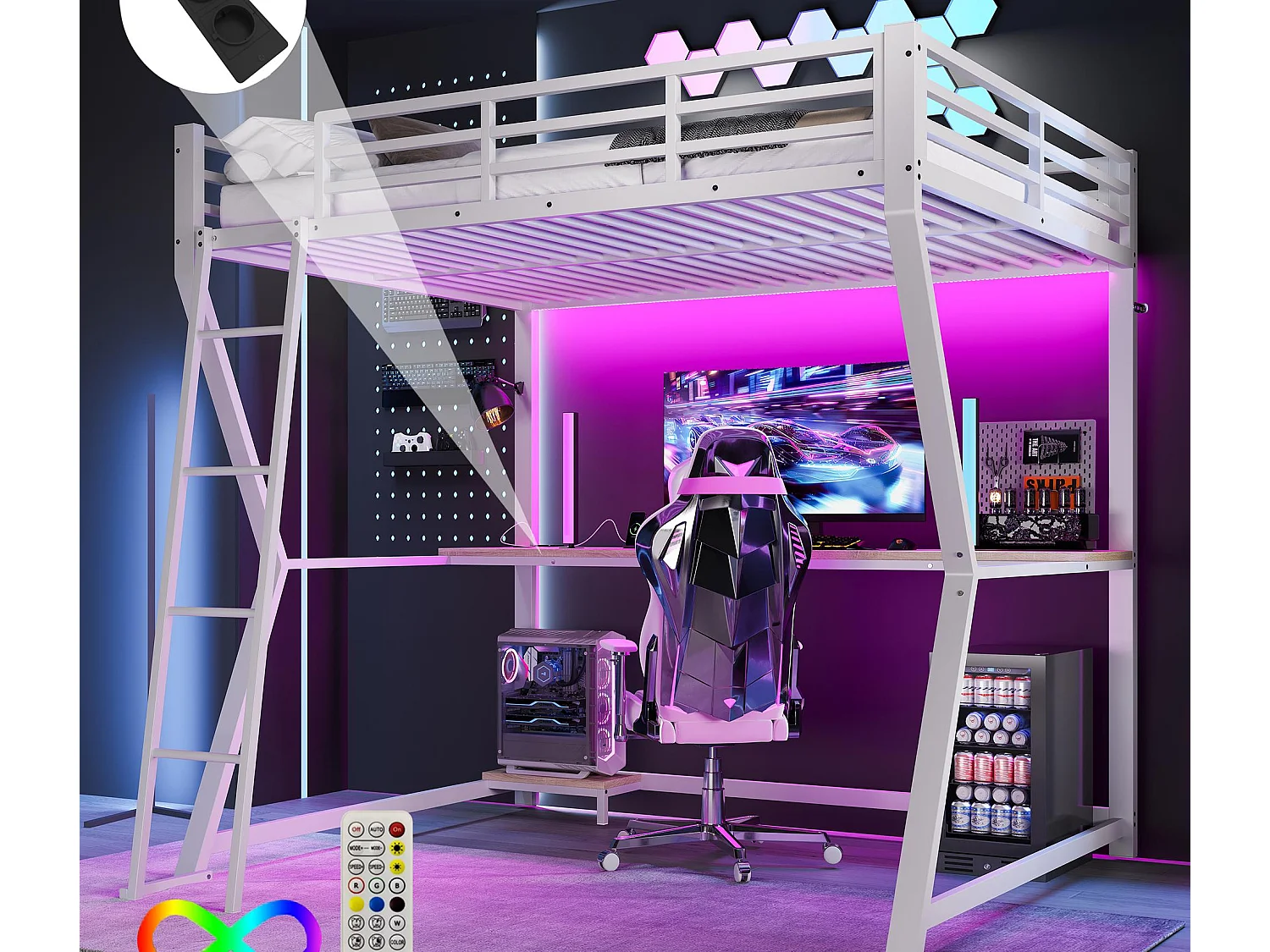 Łóżko piętrowe 140×200 cm - z oświetleniem LED - z biurkiem - gniazdko + USB - ze schodami - białe 4385437 - obrazek 1