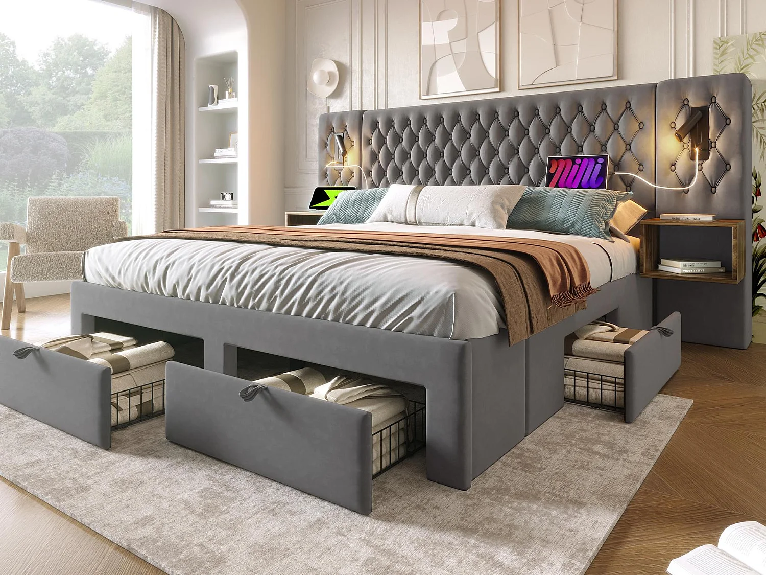Łóżko dwuosobowe z weluru 180x200 cm - z 2 szafkami nocnymi i 4 szufladami - 2 lampki do czytania z gniazdem USB - Szare (materac nie wchodzi w skład) 3556174 - obrazek 1