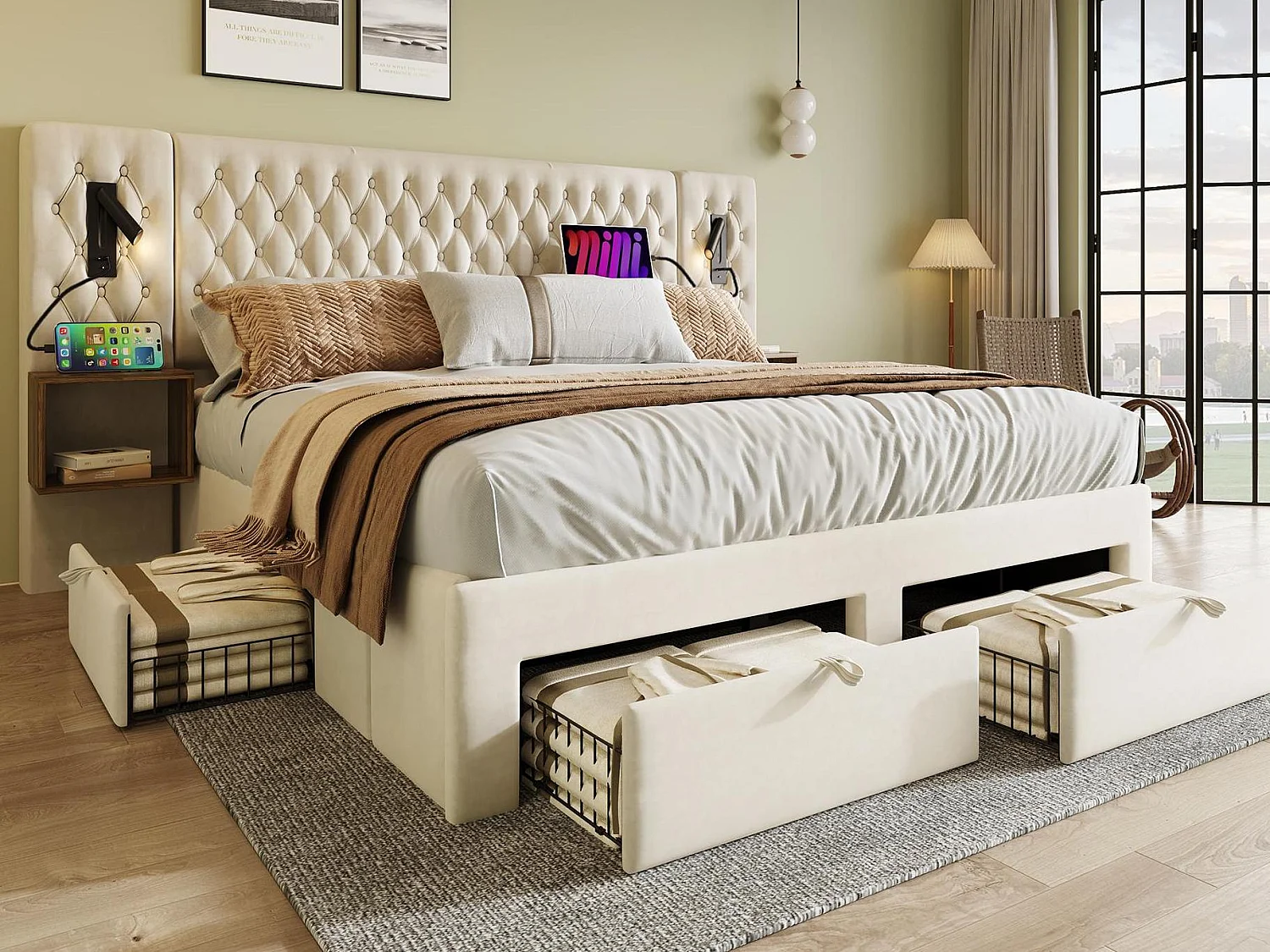 Łóżko dwuosobowe z weluru 180x200 cm - z 2 szafkami nocnymi i 4 szufladami - 2 lampki do czytania z gniazdem USB - Beżowe (materac nie wchodzi w skład zestawu) 3556189 - obrazek 1