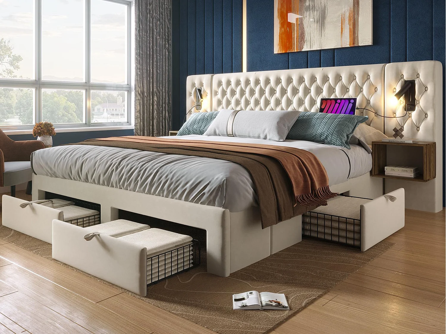 Łóżko dwuosobowe z weluru 160x200 cm - z 2 szafkami nocnymi i 4 szufladami - 2 lampki do czytania z gniazdem USB - Beżowe (materac nie jest w zestawie) 3556183 - obrazek 1