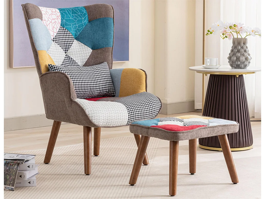 Fotel z podnóżkiem - w kolorowy patchwork - Wielokolorowy 2537691 - obrazek 1