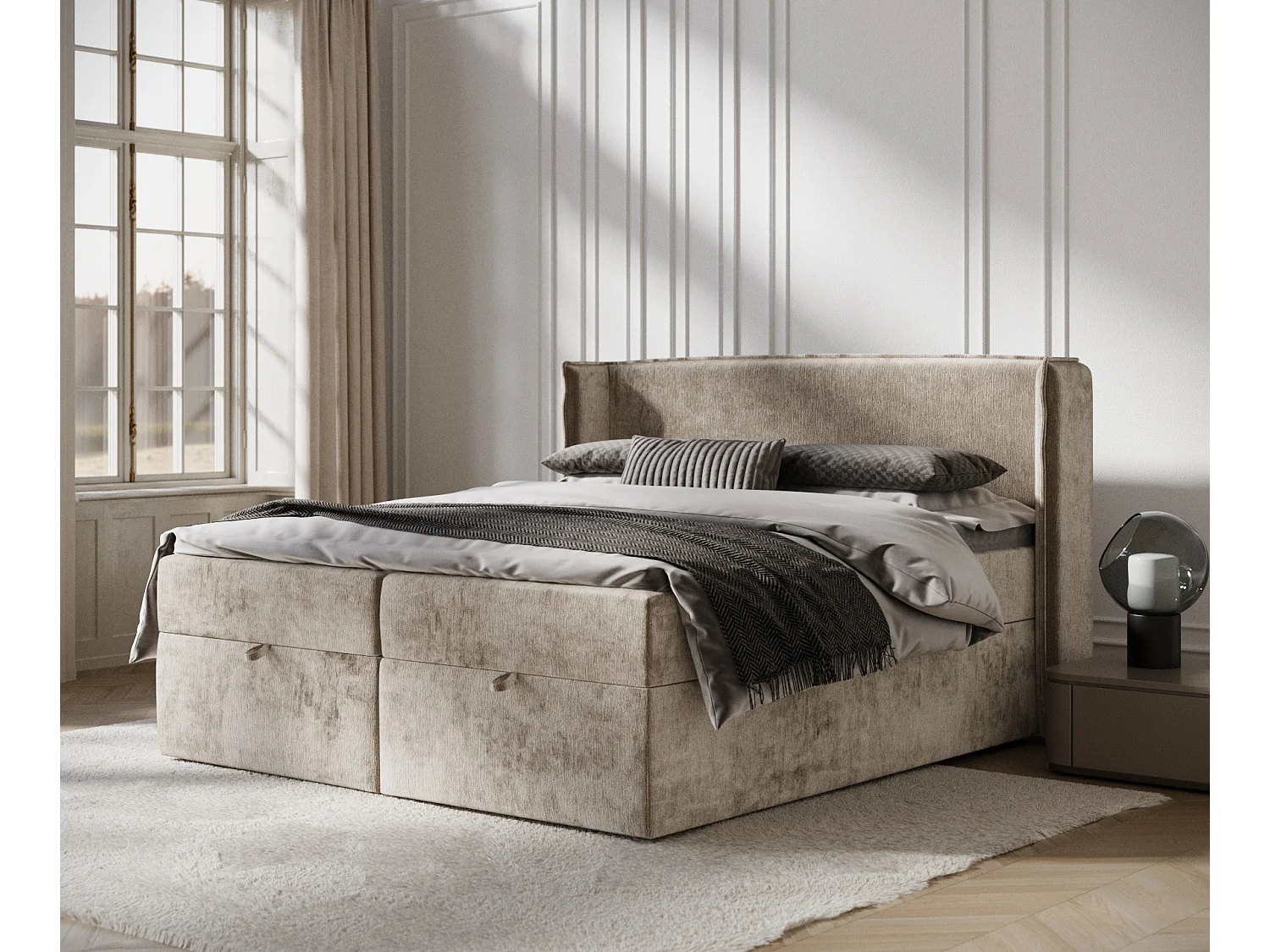 Łóżko boxspring w tkaninie szenilowej Passion - materac - topper - 180x200 cm - beżowy 3981472 - obrazek 1