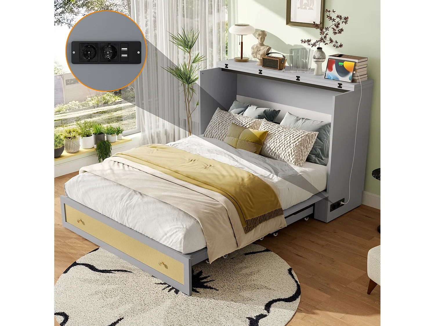 Łóżko Murphy’ego Mobilne – 140 x 200 cm – z 6 szufladami + półką w zagłówku + USB – MDF – szare 4396695