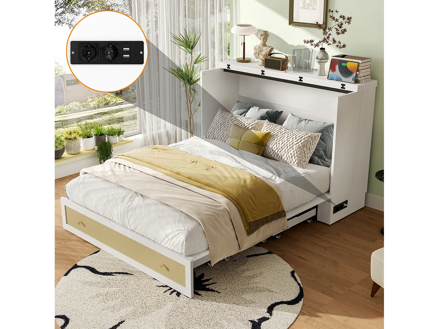 Łóżko Murphy’ego Mobilne – 140 x 200 cm – z 6 szufladami + półką w zagłówku + USB – MDF – białe 4396704