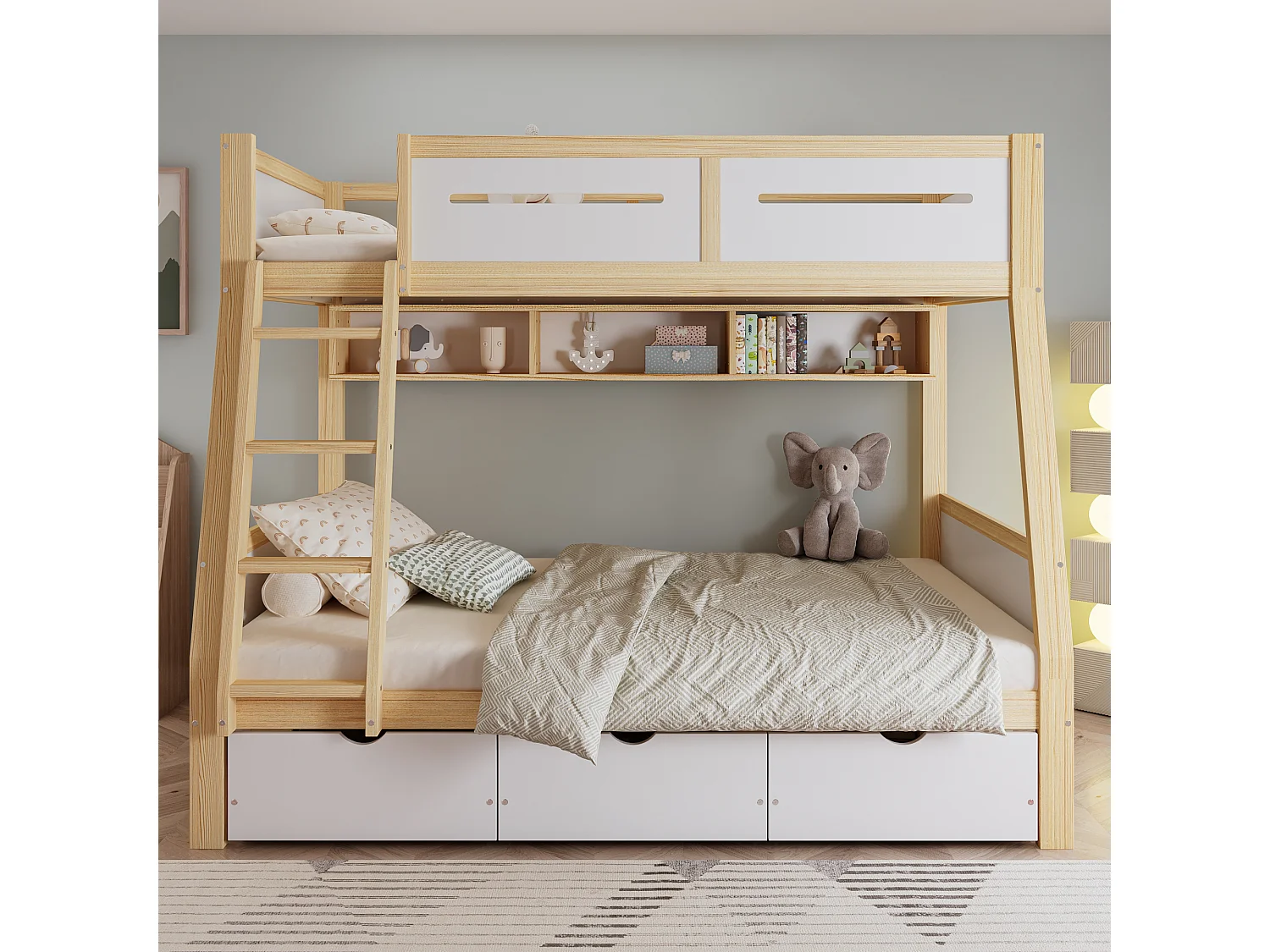 Łóżko piętrowe dla dzieci - 90 x 200 cm + 120 x 200 cm - z 3 szufladami + barierka - sosna + MDF - białe + naturalne 4396723 - obrazek 1