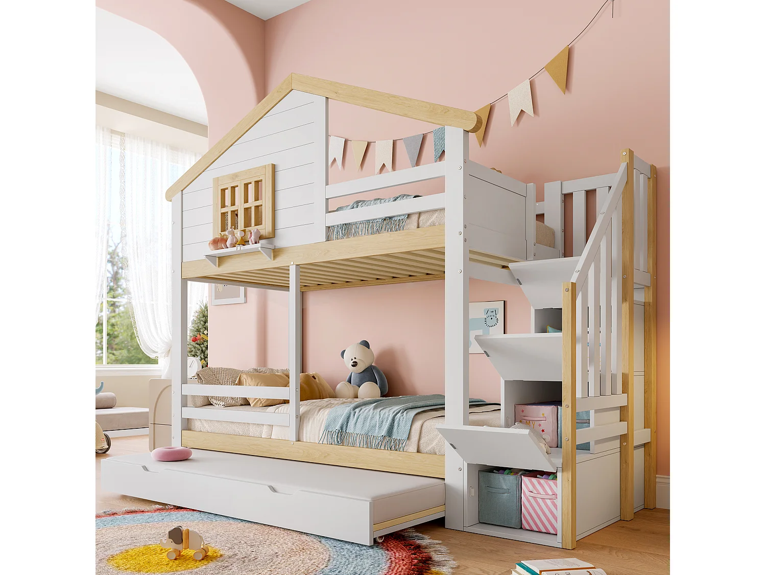 Łóżko piętrowe dla dzieci - 2 x 90 x 200 cm - z łóżkiem wysuwanym 90 x 190 cm - drabinka do przechowywania - płyta MDF - białe 4396745 - obrazek 1