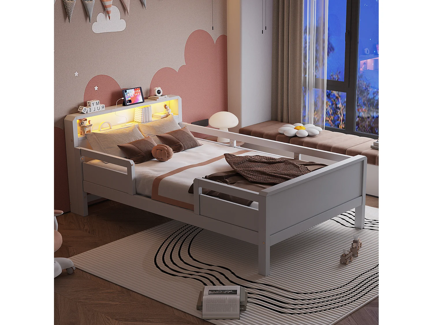Łóżko dziecięce drewniane - 90 x 200 cm - z USB + LED - zagłówek z pojemnikiem - drewno - białe 4396773 - obrazek 1
