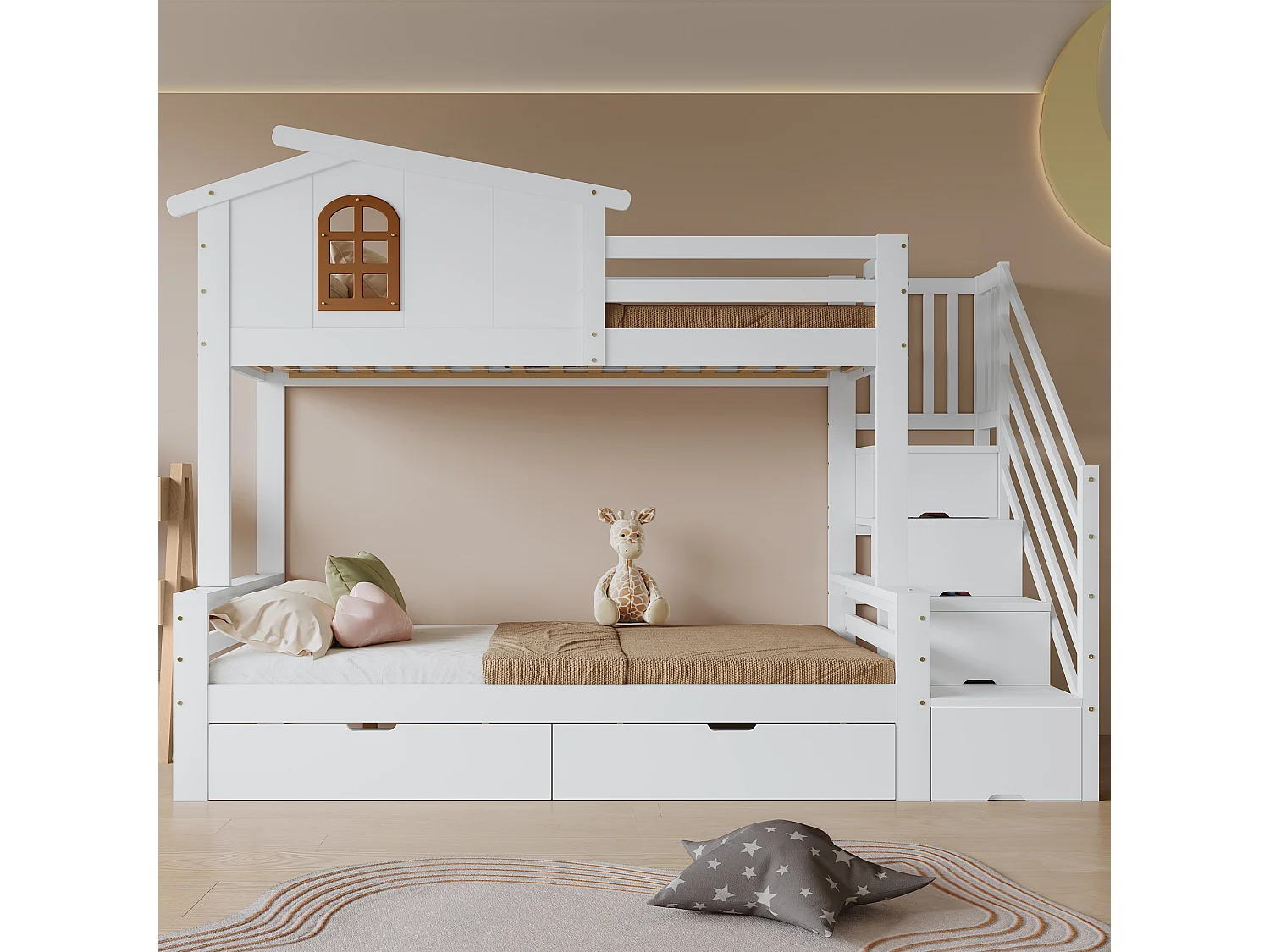 Łóżko piętrowe dla dzieci - 90 x 200 cm + 120 x 200 cm - z 2 szufladami + schodki do przechowywania - sosna + płyta MDF - białe 4396802 - obrazek 1
