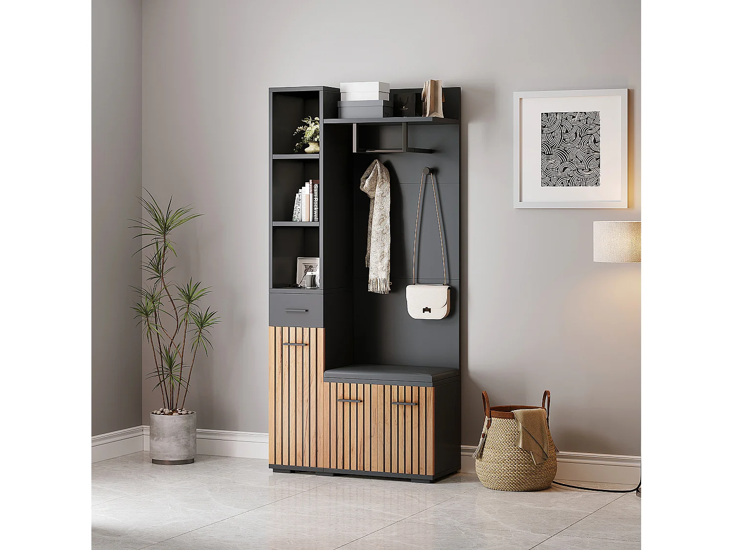 Garderoba z 2 wieszakami - 80 x 35 x 175 cm - z ławką na buty + szafą + 1 szufladą - płyta wiórowa - czarna 4396824 - obrazek 1