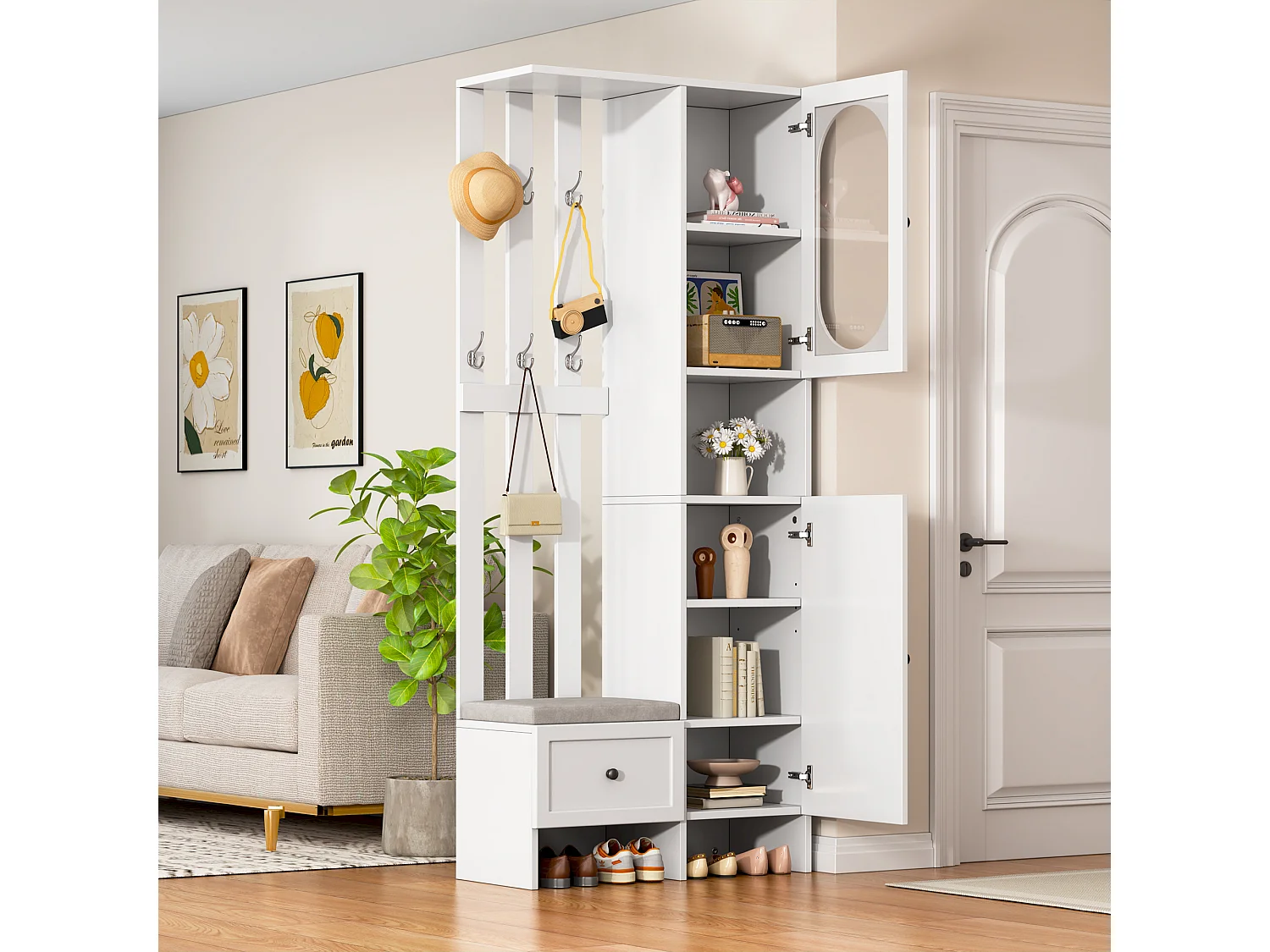 Garderoba z 2 szafami - 85 x 33,5 x 200 cm - zestaw garderoby + ława na buty - płyta wiórowa - kolor biały 4396836 - obrazek 1