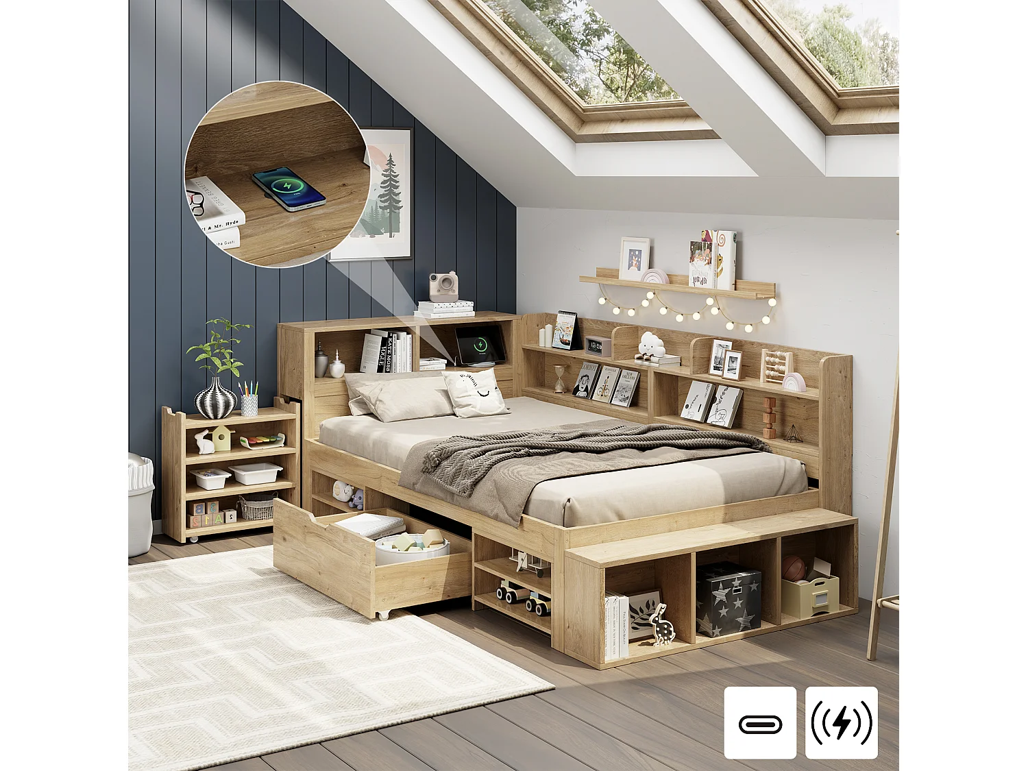 Łóżko dziecięce z pojemnikiem - 90 x 200 cm - z wysuwanymi szufladami nocnymi + półka - sklejka - naturalne 4396862 - obrazek 1
