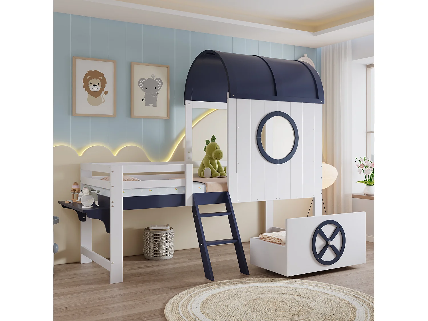 Łóżko dziecięce średniej wysokości - 90 x 200 cm - z dachem i oknem + 1 szuflada na kółkach - sosna + MDF - biały + niebieski 4396890 - obrazek 1