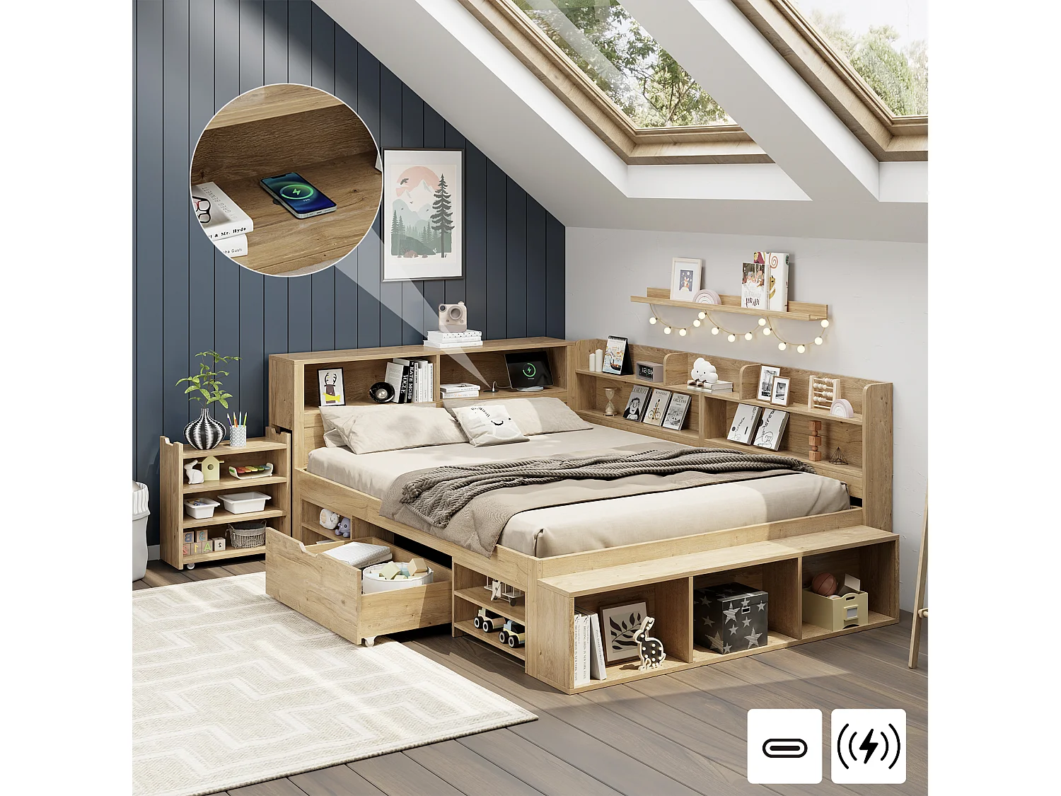 Łóżko dziecięce z pojemnikiem - 140 x 200 cm - z wysuwanymi szufladami nocnymi + półka - sklejka - naturalne 4396891 - obrazek 1